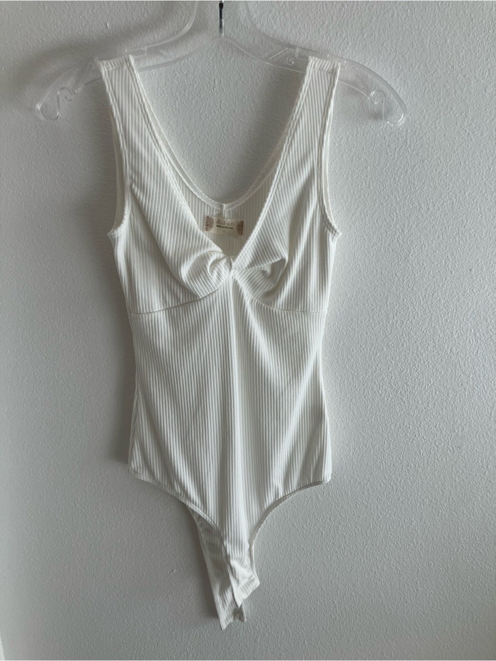 Altar'd State Ivory Ribbed Twist-Front Bodysuit